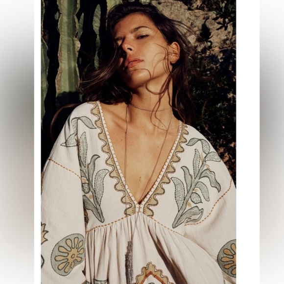 Zara Linen Blend Embroidered Dress Rare - Picture 11 of 13